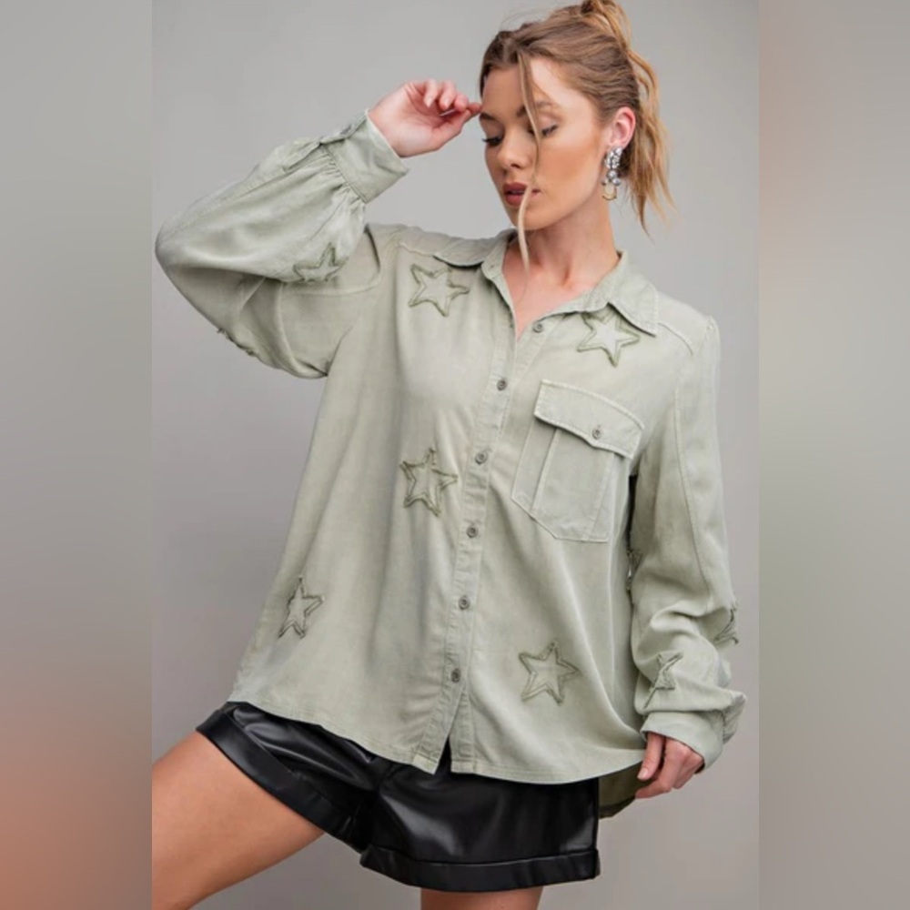 Easel Washed Sage Star Patch Button Down Shirt - image 1